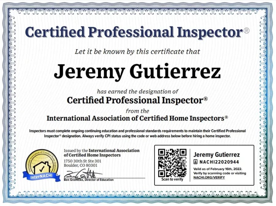 InterNACHI Certified Professional Inspector certificate for Jeremy Gutierrez